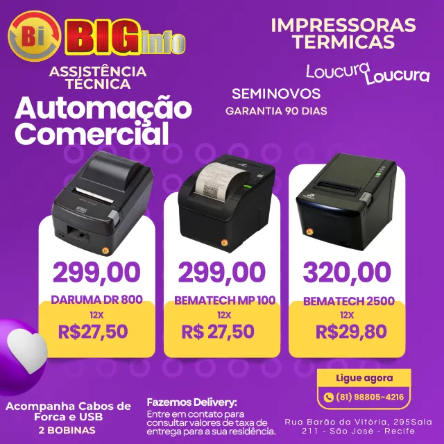 Impressora Termica Varias Marcas 12x - Garantia - Centro do Recife - Assistencia Tecnica