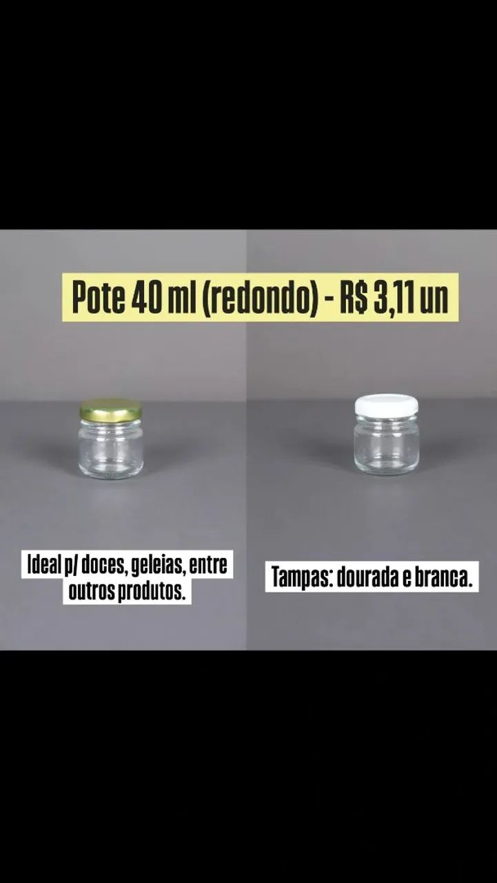 Potes de Vidro 40ml Redondos com Tampa Dourada e Branca