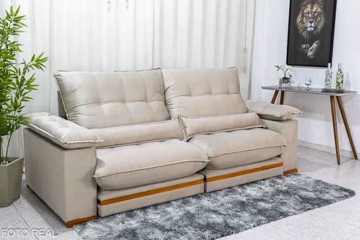 Sofá Retrátil Reclinável 2.50m Veludo Bege 818 - D33 e Molas Ensacadas - Foto 4