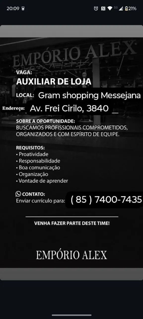 Vaga para auxiliar de loja 