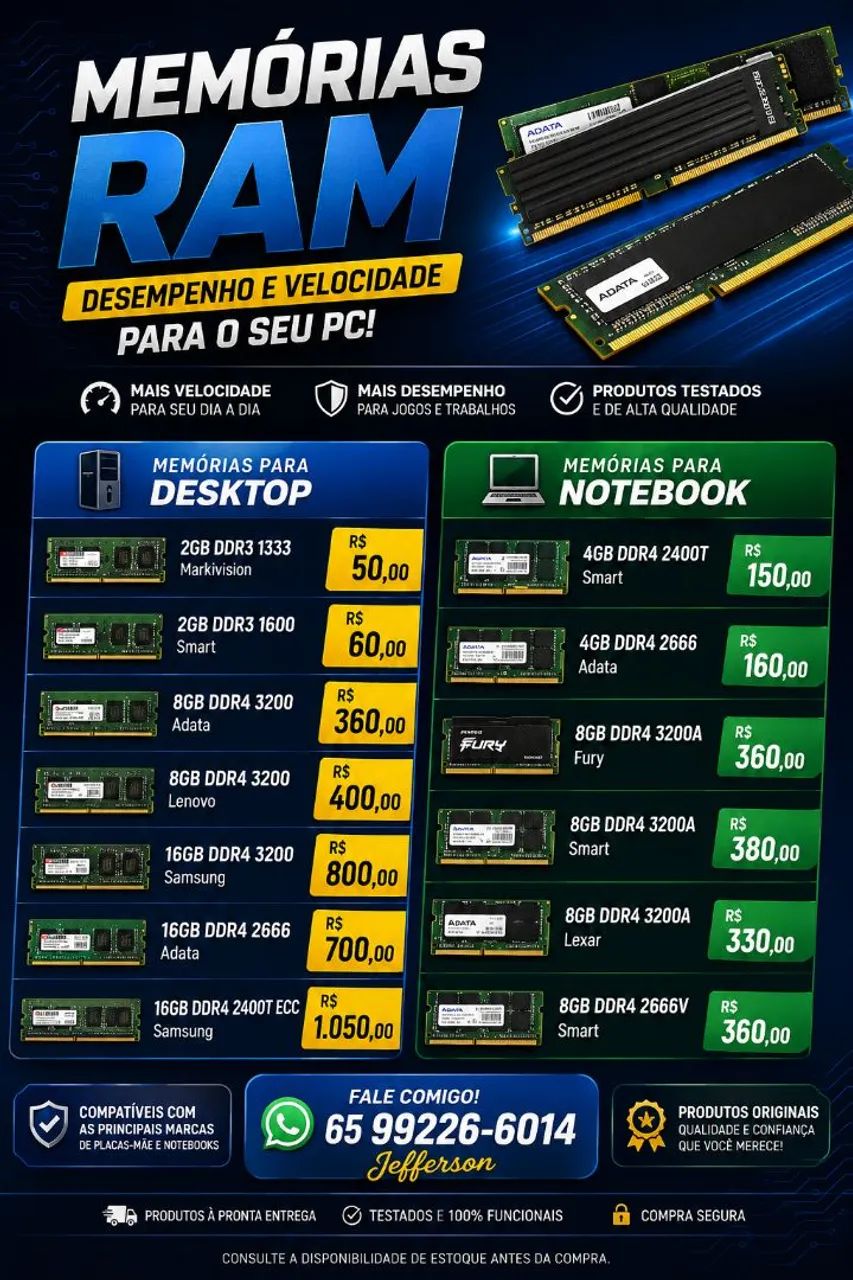 MEMÓRIAS RAM PARA DESKTOP E NOTEBOOK