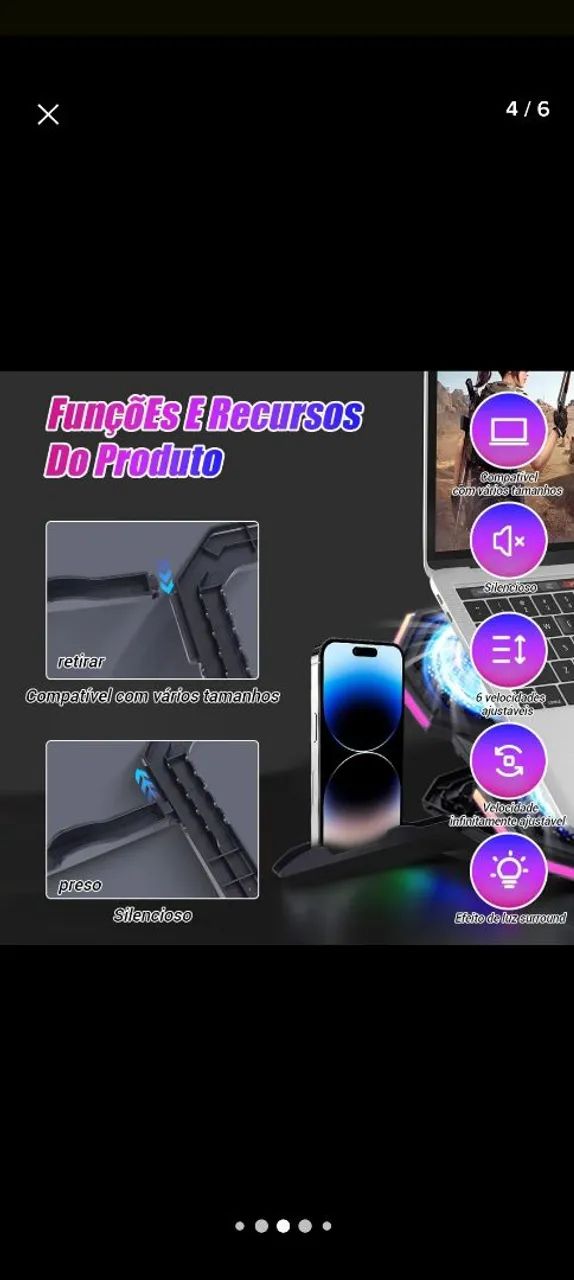 SUPORTE NOTEBOOK COLLER RGB COM 6 FANS E COLLER CELULAR PRETO  - Foto 3