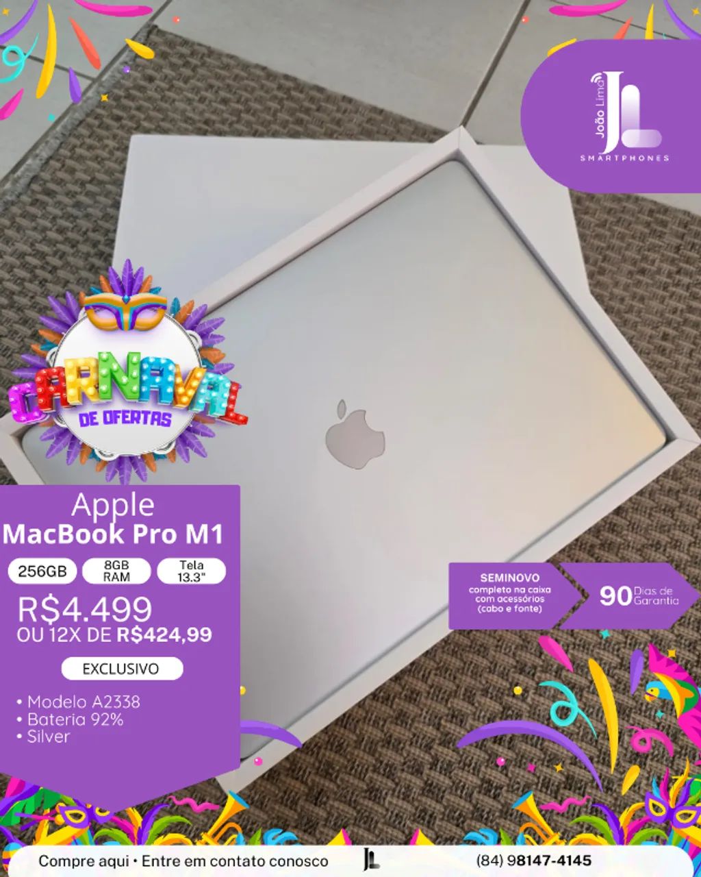 MACBOOK PRO M1, 256GB, 8GB RAM, TELA 13.3 POL., SEMINOVO, EXCLUSIVO!