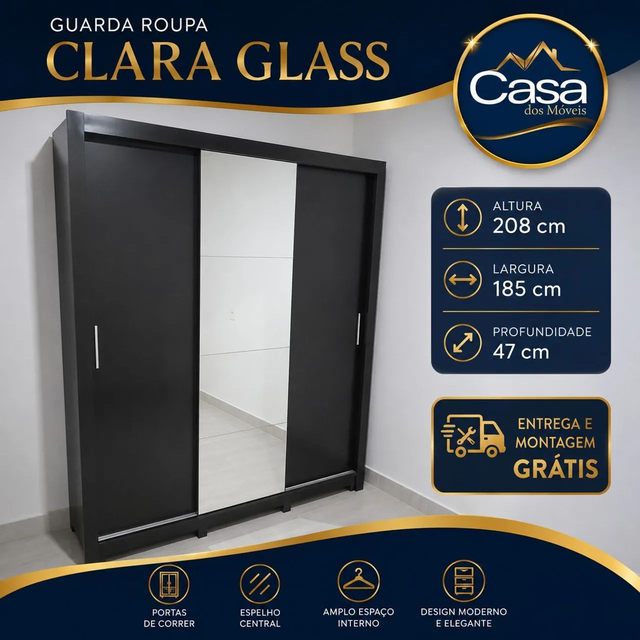 Guarda roupa Clara Glass - Preto 