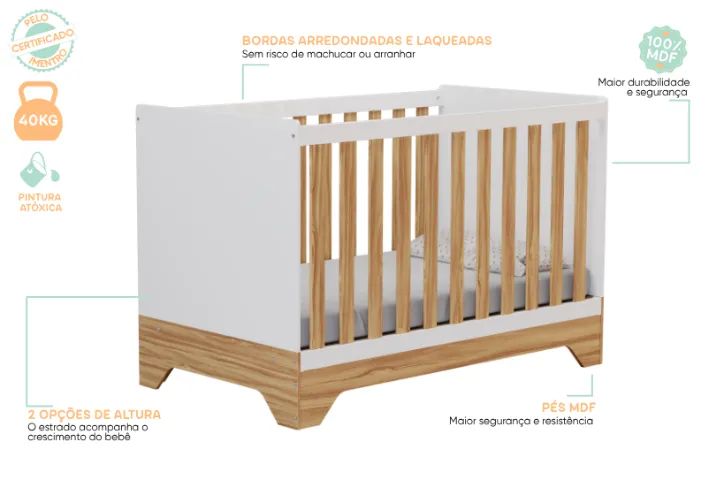 Berço Cama Americano Popy Retro, 100% MDF - Peroba - Foto 4