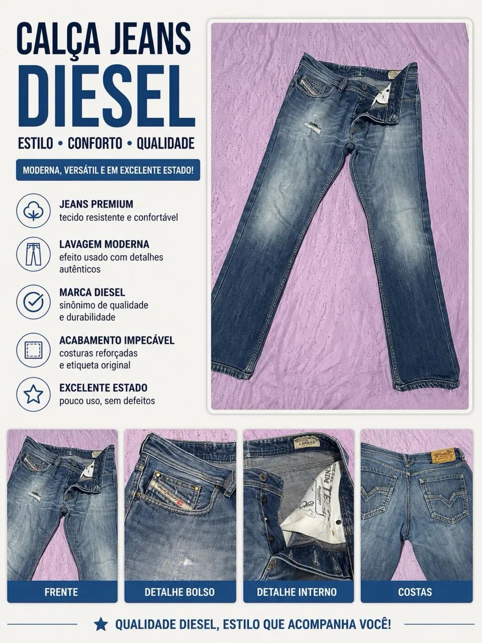 Calça jeans Diesel original, tamanho 40