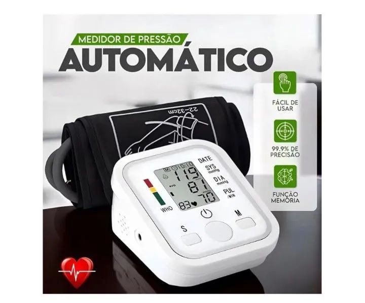 Aparelho de pressão digital de braço com detector arritmia e memória.