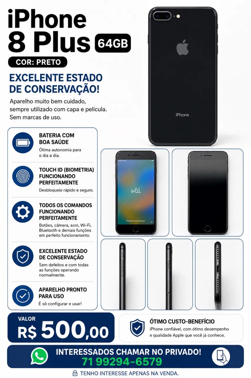 iPhone 8 Plus 64GB Preto | Excelente Estado | Touch ID OK