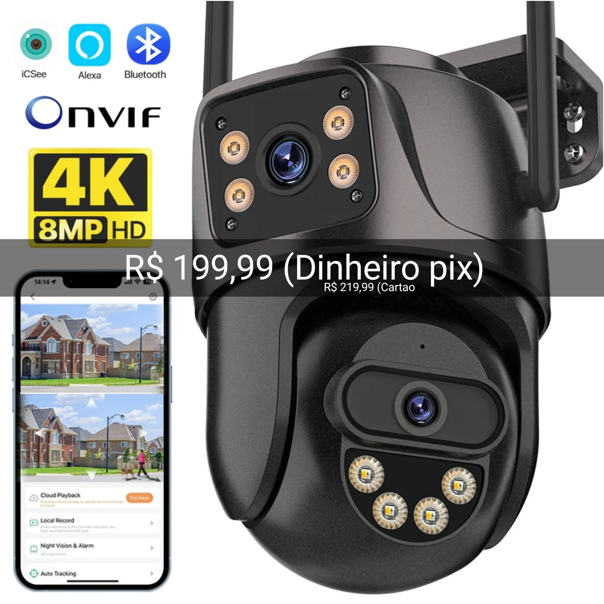 Câmera de Segurança tela dupla 4K 8MP wifi HD Wi-Fi - Onvif - Alexa - Bluetooth