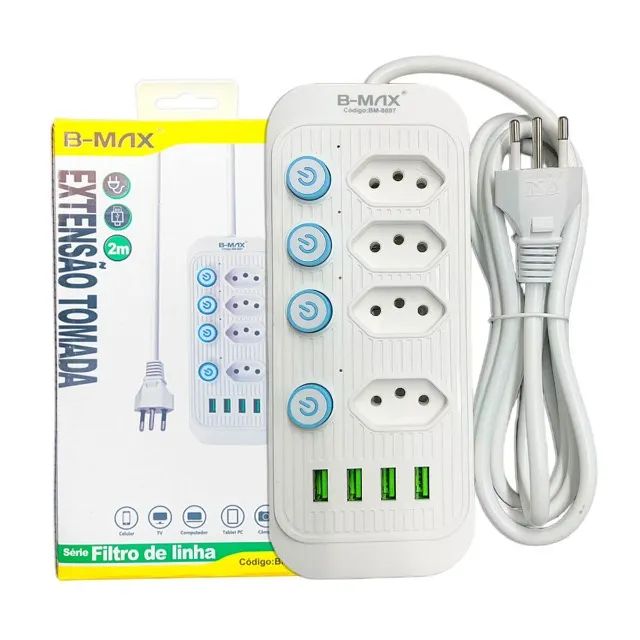 Extensão de Tomadas 4 Tomadas + 4 USB.