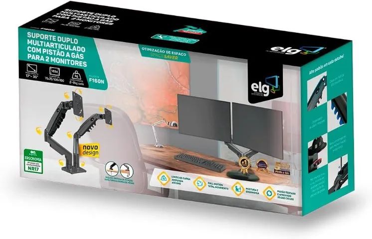 ELG, F160N, Suporte Articulado de Mesa com Pistão a Gás e Ajuste de Altura, 2 Monitores de - Foto 2