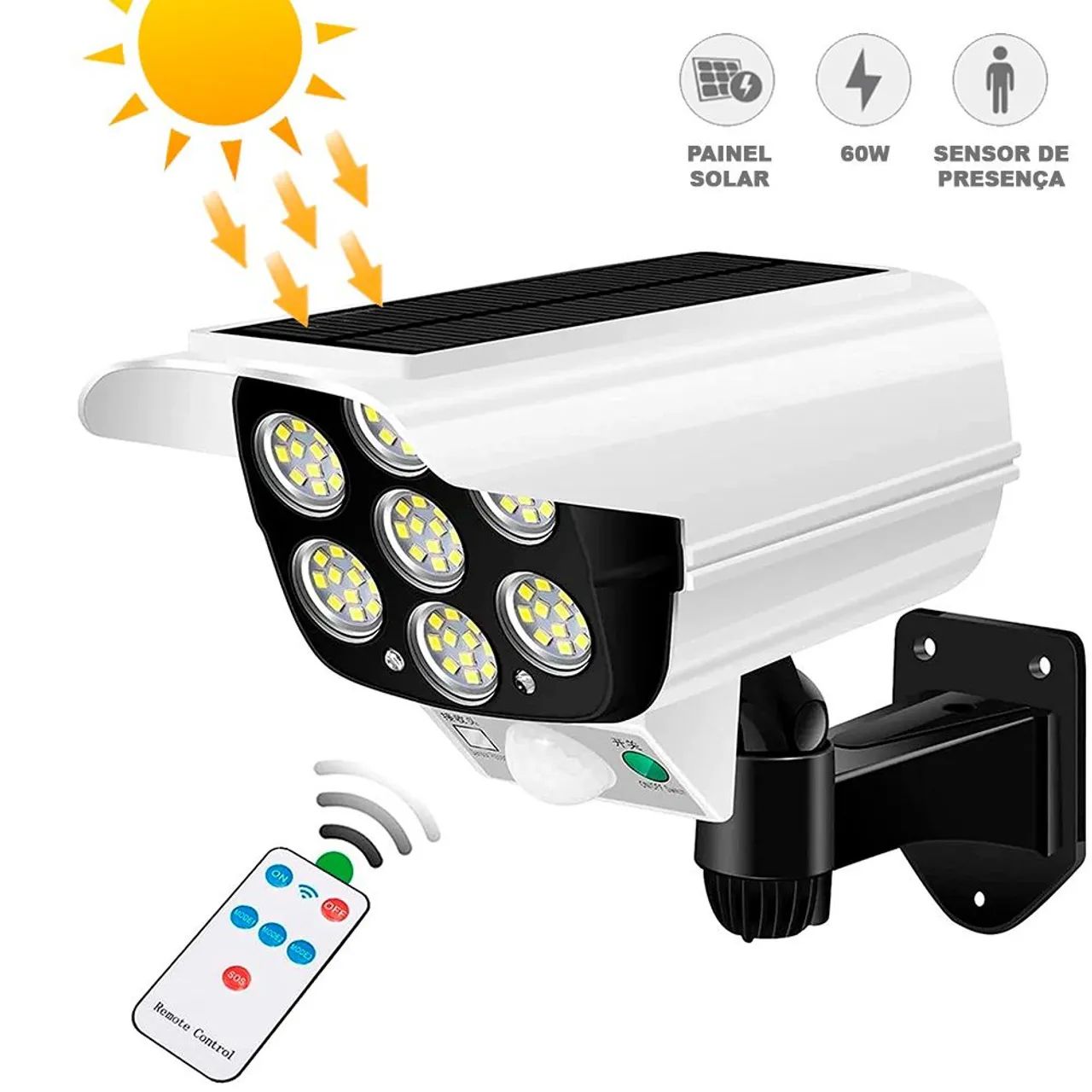 Refletor Solar Led 60W Sensor De Movimento Câmera Falsa Luz Branco Frio - Foto 4