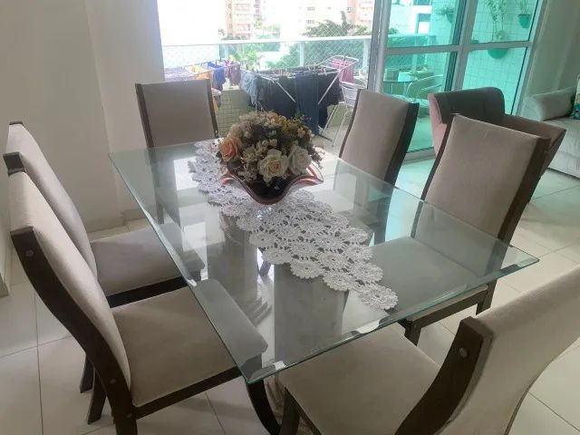 Mesa de Jantar de Vidro com 6 Cadeiras + Base em Mármore Travertino - Destaque na OLX