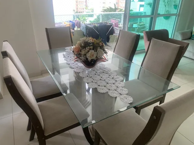 Mesa de Jantar de Vidro com 6 Cadeiras + Base em Mármore Travertino - Destaque na OLX