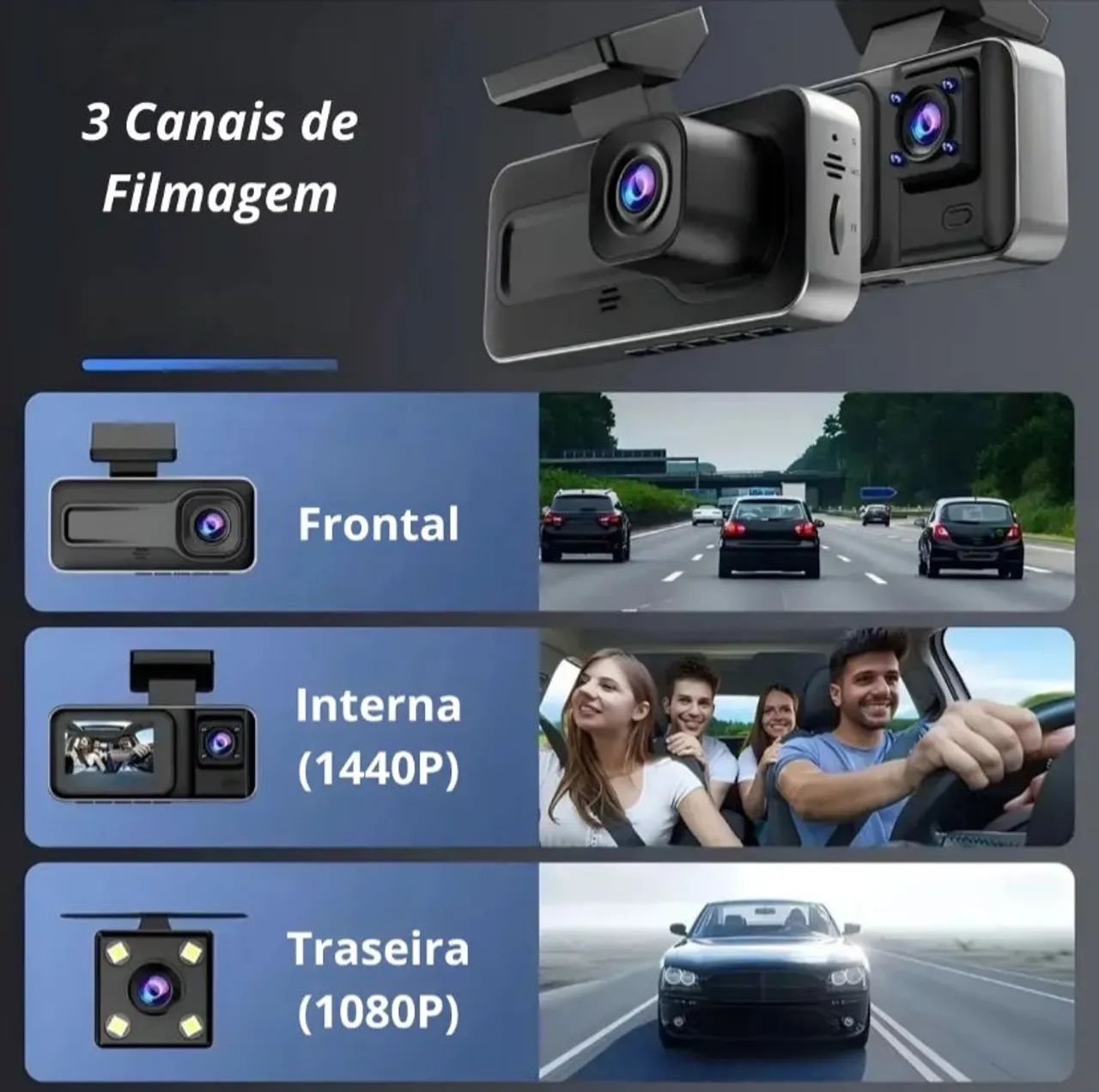 Câmera Tripla Veicular Interna e Externa - Foto 2