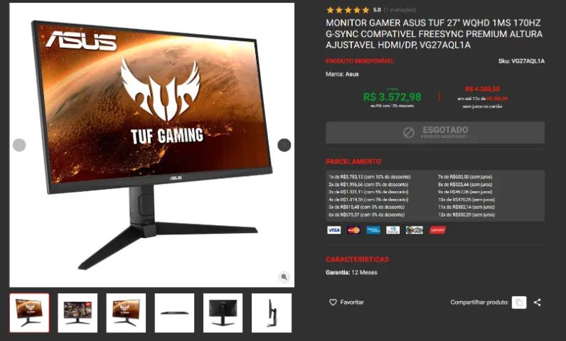 Monitor Gamer Asus Tuf 27'' WQHD 1ms 170Hz G-Sync Compativel FreeSync Premium Altura Ajust