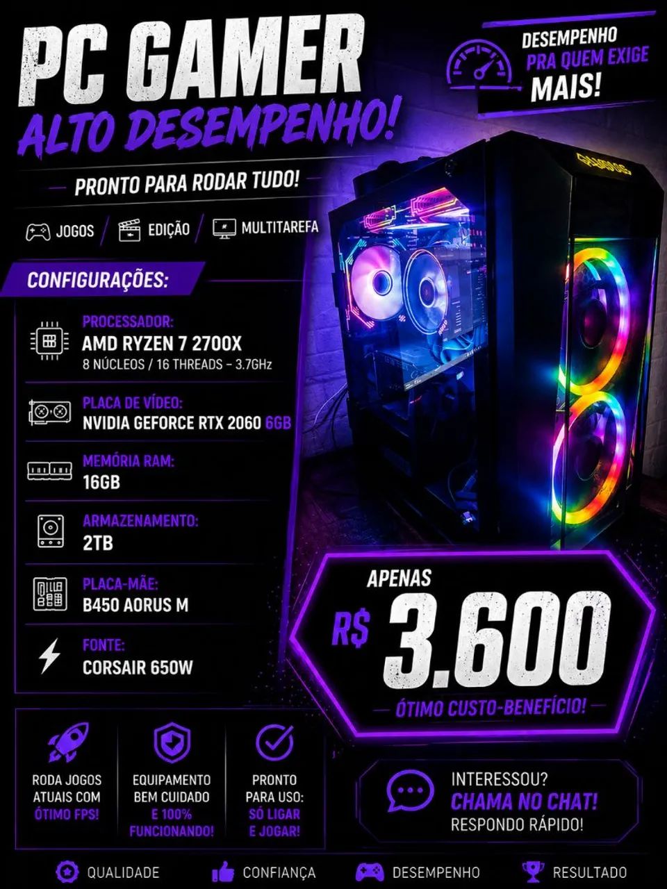 PC Gamer Ryzen 7 + RTX 2060 | 16GB RAM | 2TB | - Computadores e
