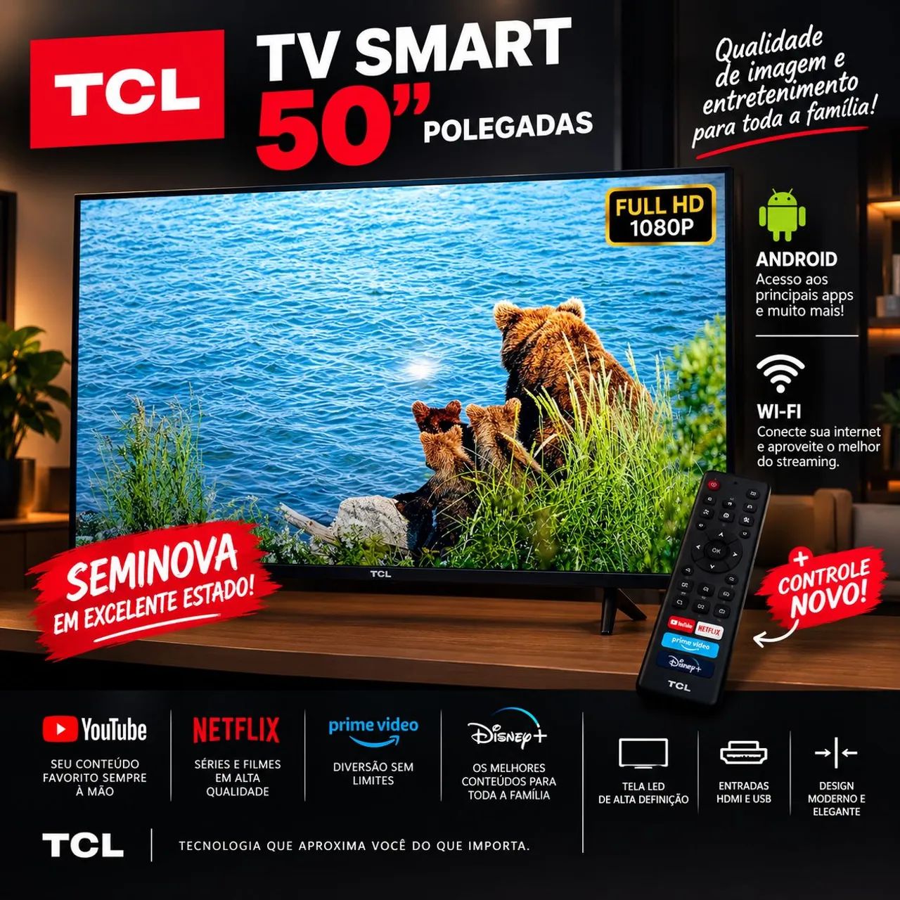 TV Smart TCL 50 polegadas Seminova  Excelente Estado + Controle Original!