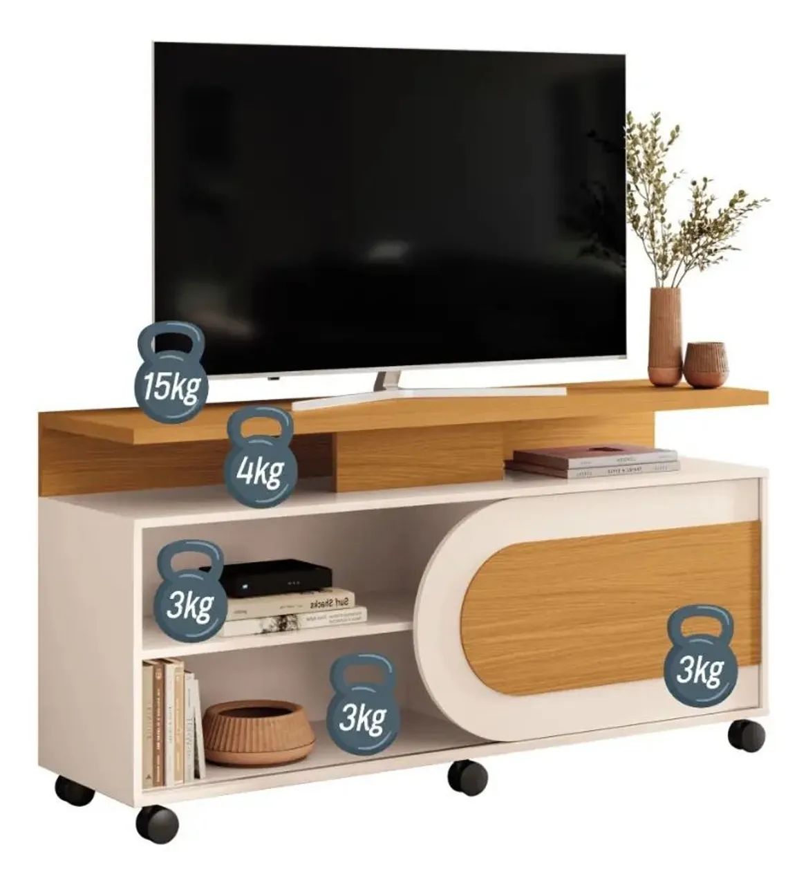 Rack Para Tv Até 55 Polegadas 1 Porta De Correr Com Rodízios 1.36 Cinamomo/Off <br> - Foto 3