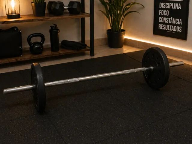 Barra montada com anilhas para academia e musculação
