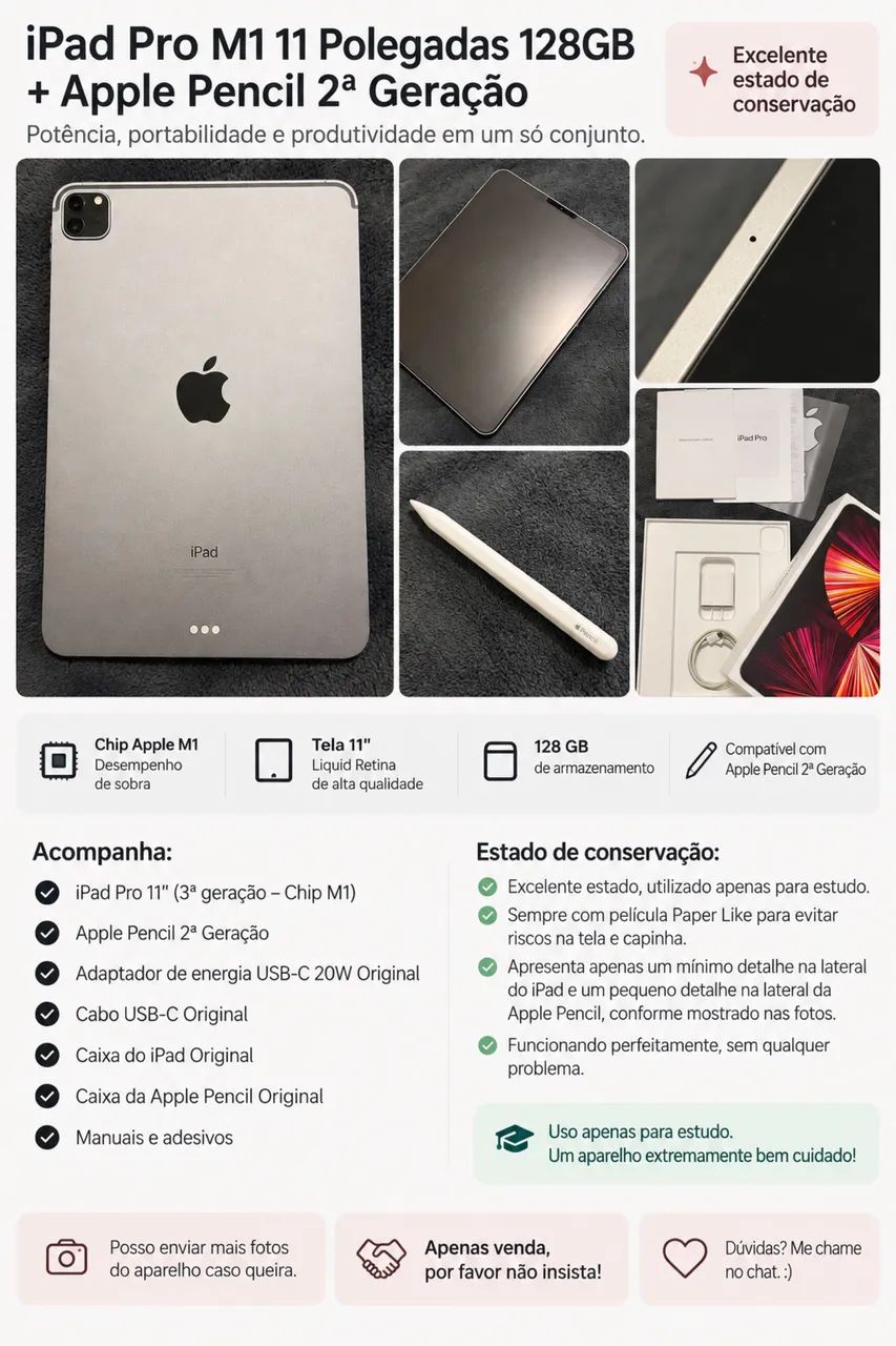 iPad Pro M1 11 Polegadas 128GB + Apple Pencil 2ª Geração 