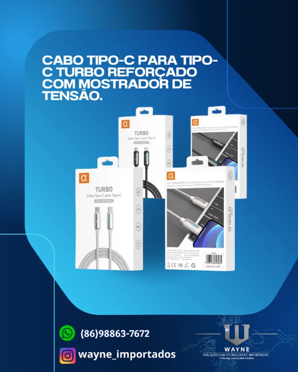 Cabo tipo-C para tipo-C reforçado Turbo  com mostrador de tensão 