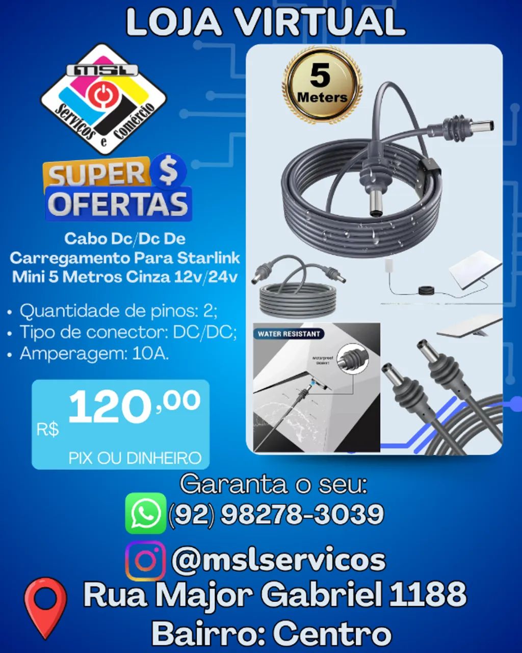 Cabo DC/DC de Carregamento para Starlink Mini - 5 Metros | 12V / 24V | Cinza