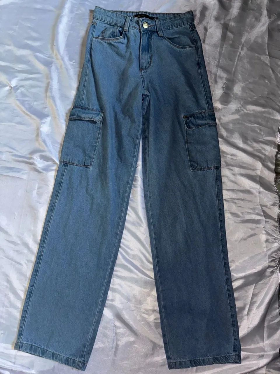 Calça Jeans Cargo Wide Leg Azul Clara