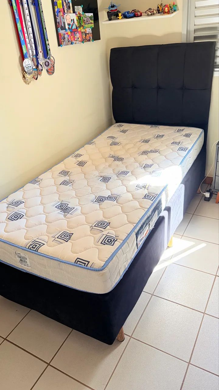 Cama box solteiro com cabeceira, box e colchão Ortobom 
