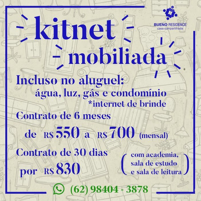 Locação ja inclusa água, energia, lavanderia, academia no final do bueno