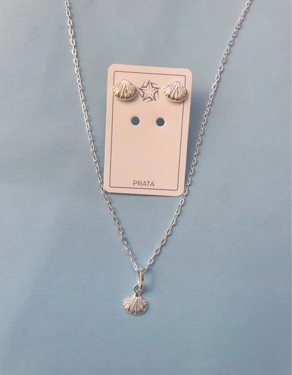 Conjunto colar e brincos concha Prata 925 legítima 