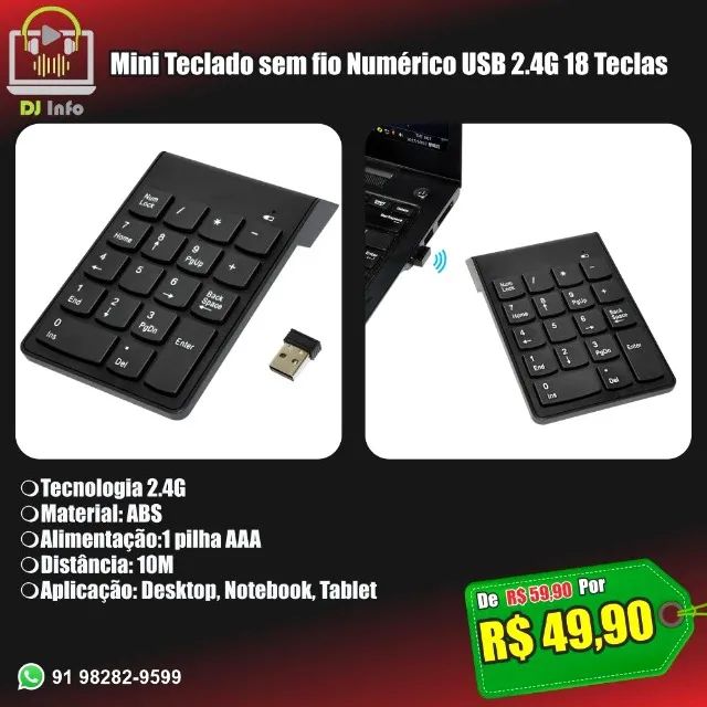 Mini Teclado sem fio Numérico USB 2.4G 18 Teclas
