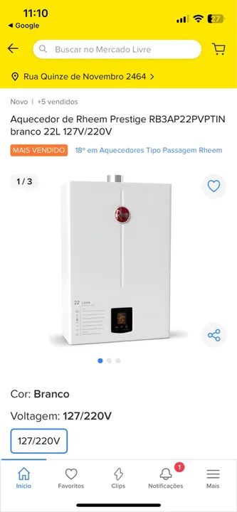 Aquecedor Rheem de passagem  22 lts