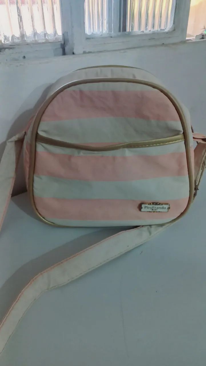 Bolsa de ombro listrada rosa e branca bebê menina  - Foto 5
