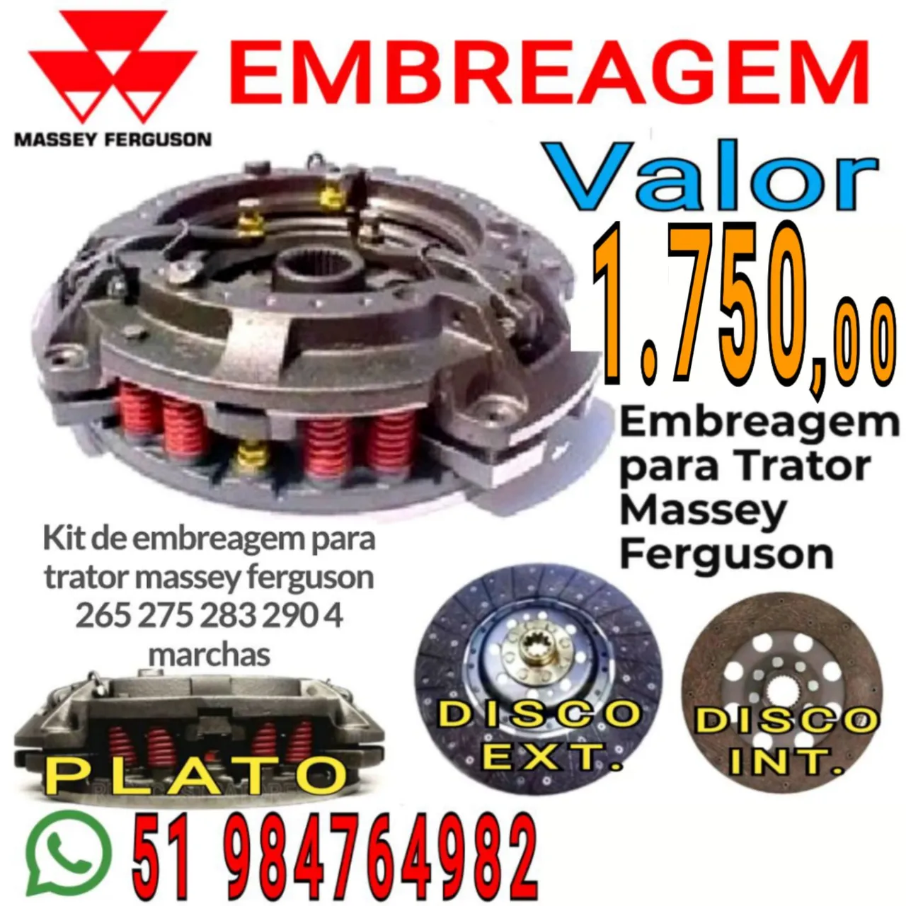 EMBREAGEM KIT DO TRATOR MASSEY FERGUSON 265 / 275 / 283 / 290 4 MARCHAS