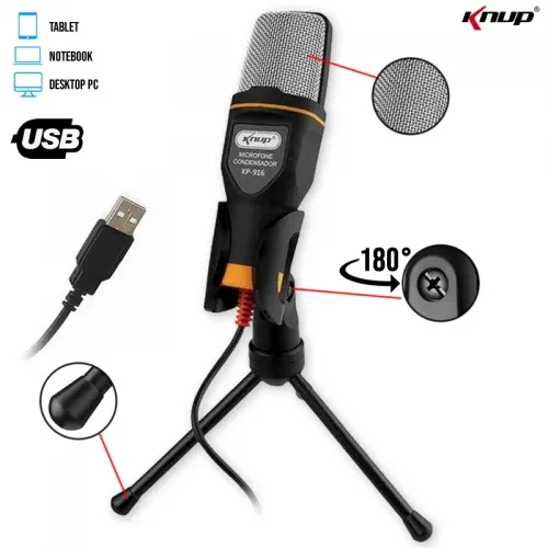 Microfone Condensador USB com Tripé Ajustável KNUP - KP-916