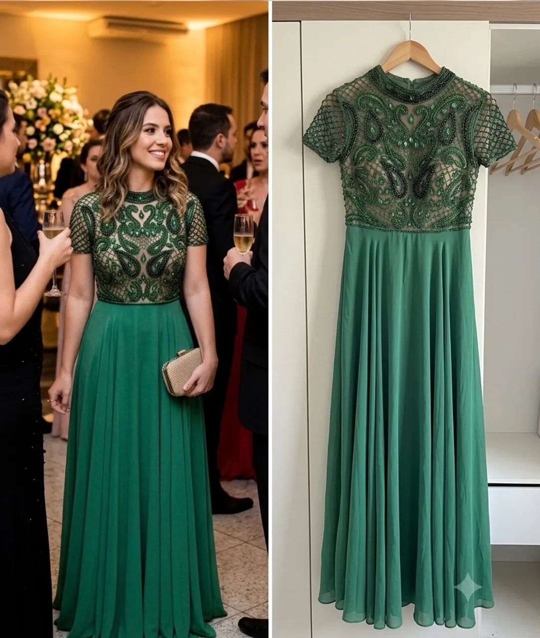 VENDO VESTIDO VERDE BORDADO A MAO