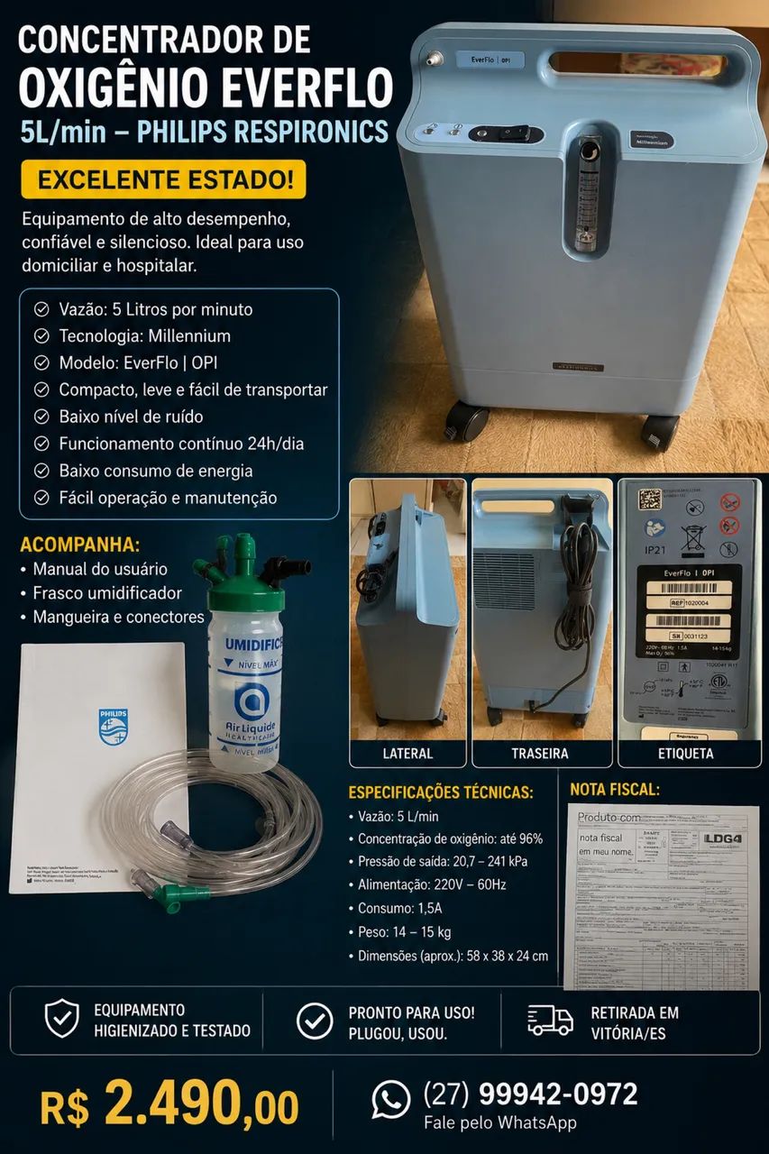 Concentrador de Oxigênio Philips EverFlo 5L/min Completo + NF