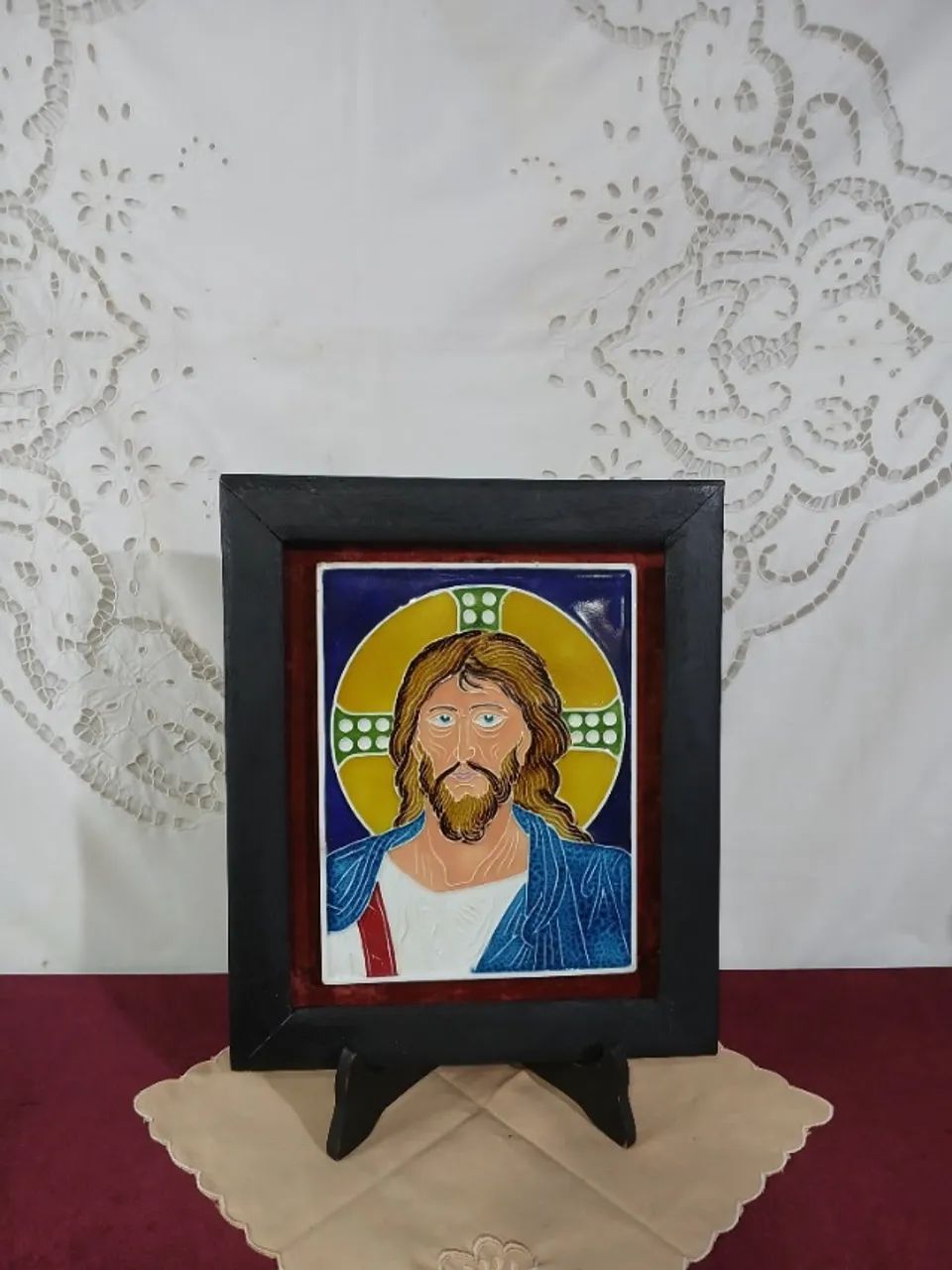 Antiga Quadro Com Placa Jesus Cerâmica Esmalta