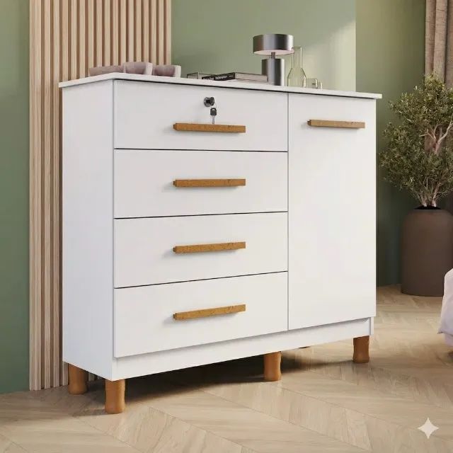 Cômoda Dallas Branca 4 Gavetas Com Porta e Chave