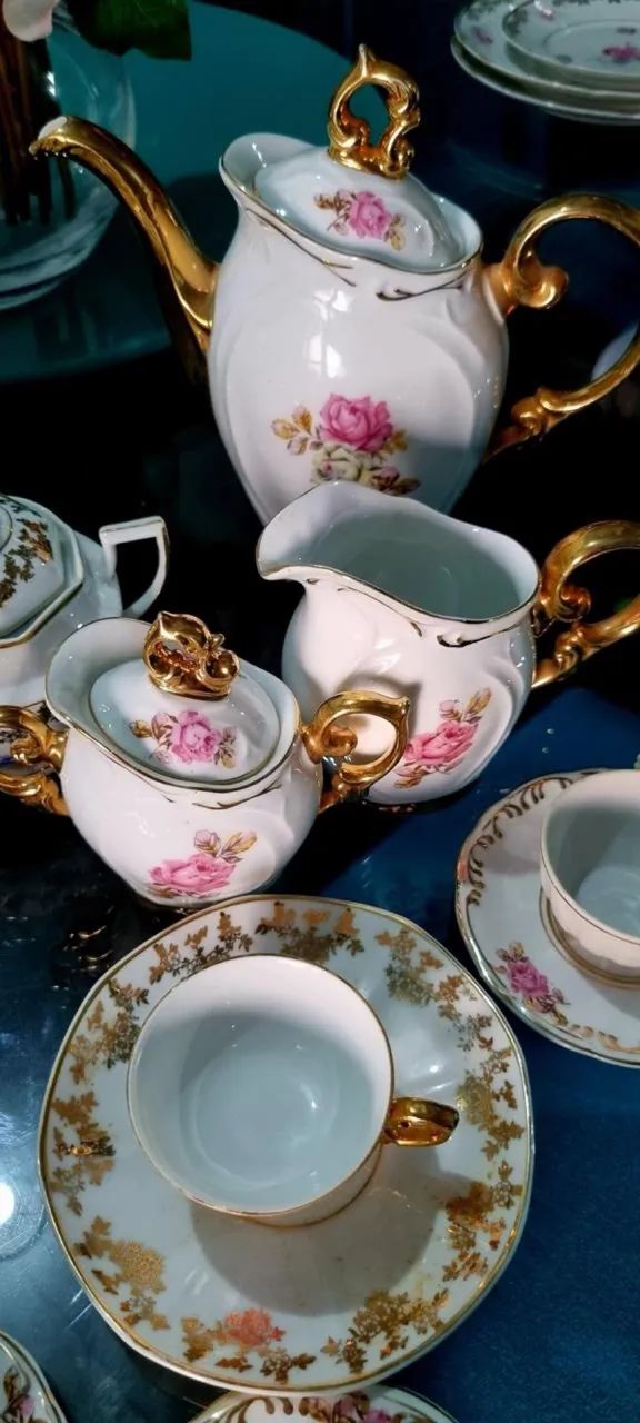 xícaras de café e chá jogo de porcelana floral filetes ouro - Foto 5