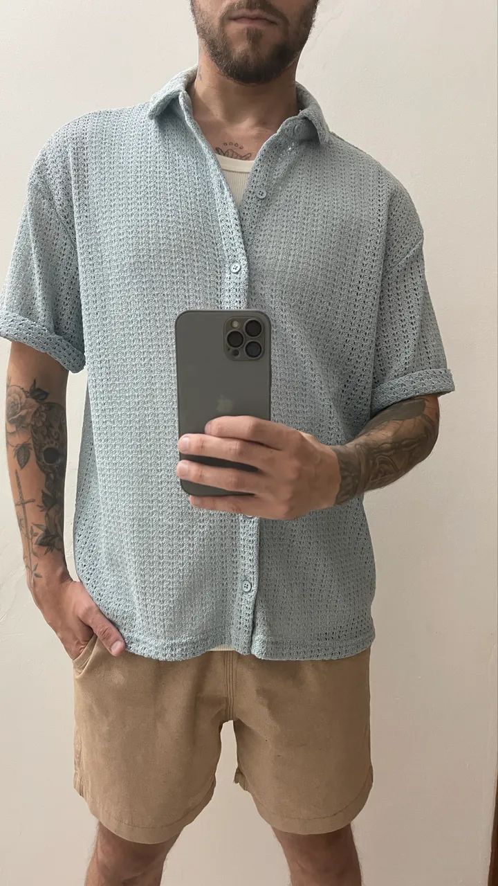 Camisa Tricô Masculina - Azul Bebê  - Foto 2
