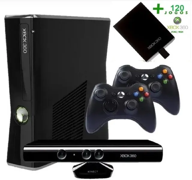 Xbox Slim 500GB preto usado + 02 Controles com fio + 01 Kinect + 120 Jogos de Brinde