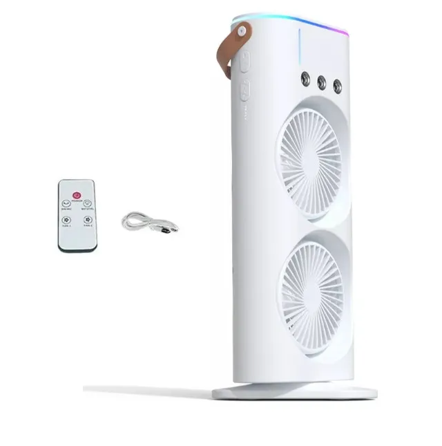 Mini Climatizador Ventilador Duplo Giratório Com RGB, Controle Remoto e Portátil