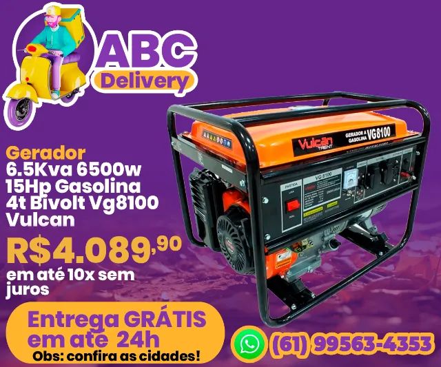 Gerador de Energia 6.5Kva 6500w 15Hp Gasolina 4t Bivolt Vg8100 Vulcan