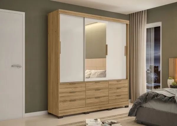 Guarda Roupa Casal 3 Portas de Correr 9 Gavetas com Espelho Eros FAZEMOS ENTREGAS  - Foto 2