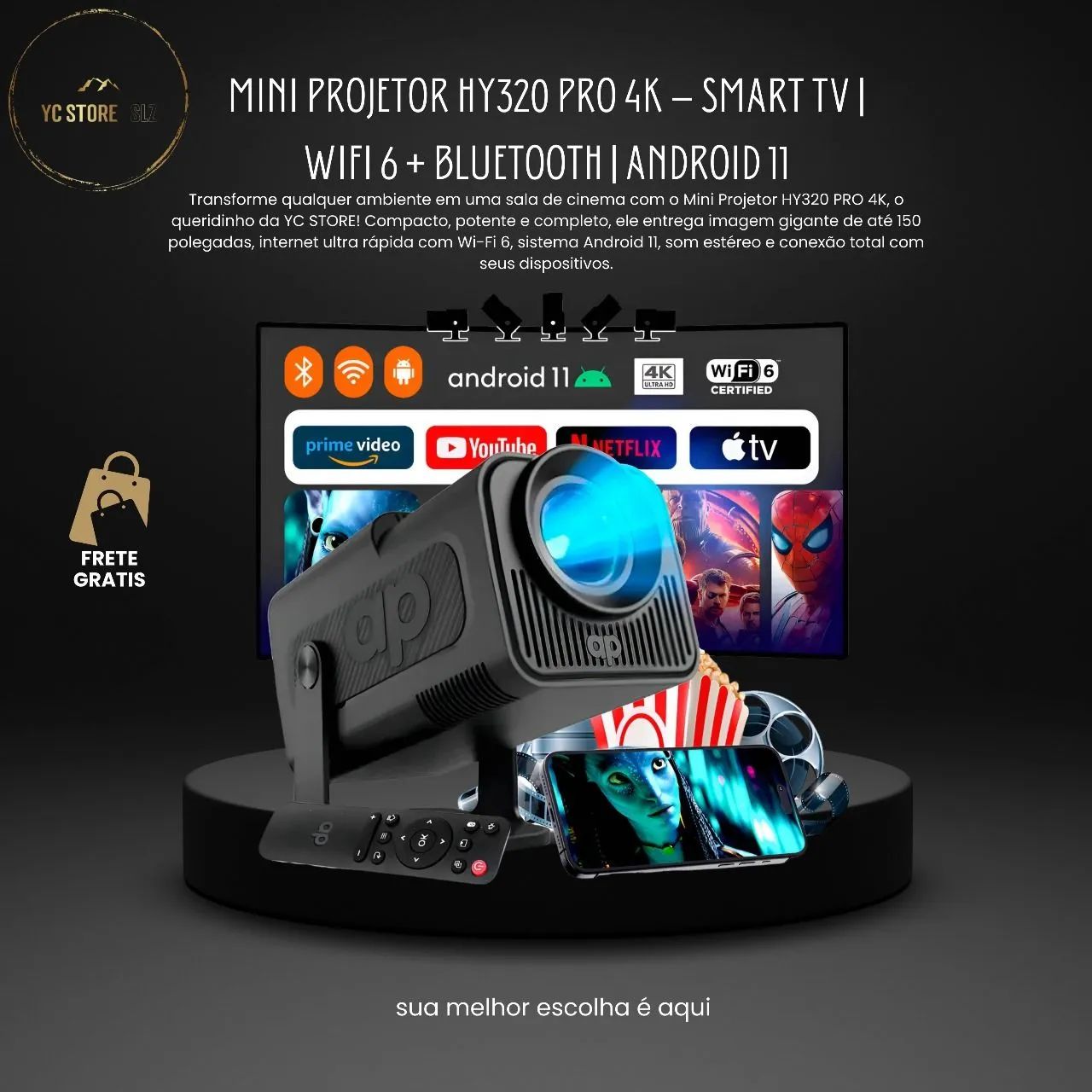  MINI PROJETOR HY320 PRO 4K - SMART TV | WIFI 6 + BLUETOOTH | ANDROID 11