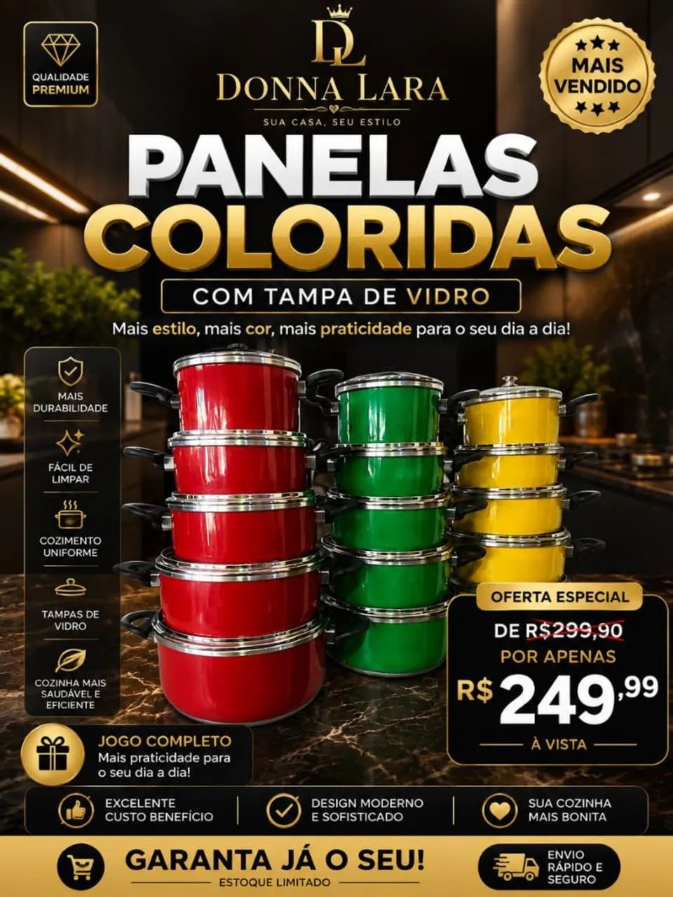 JOGO DE 05 PANELAS TAMPA DE VIDRO