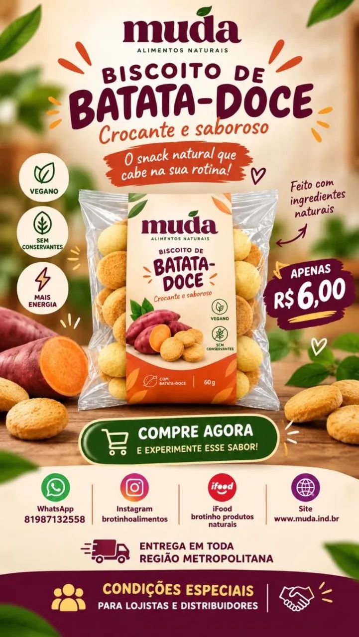 Biscoitos de batata doce zero lactose para consumo e revenda