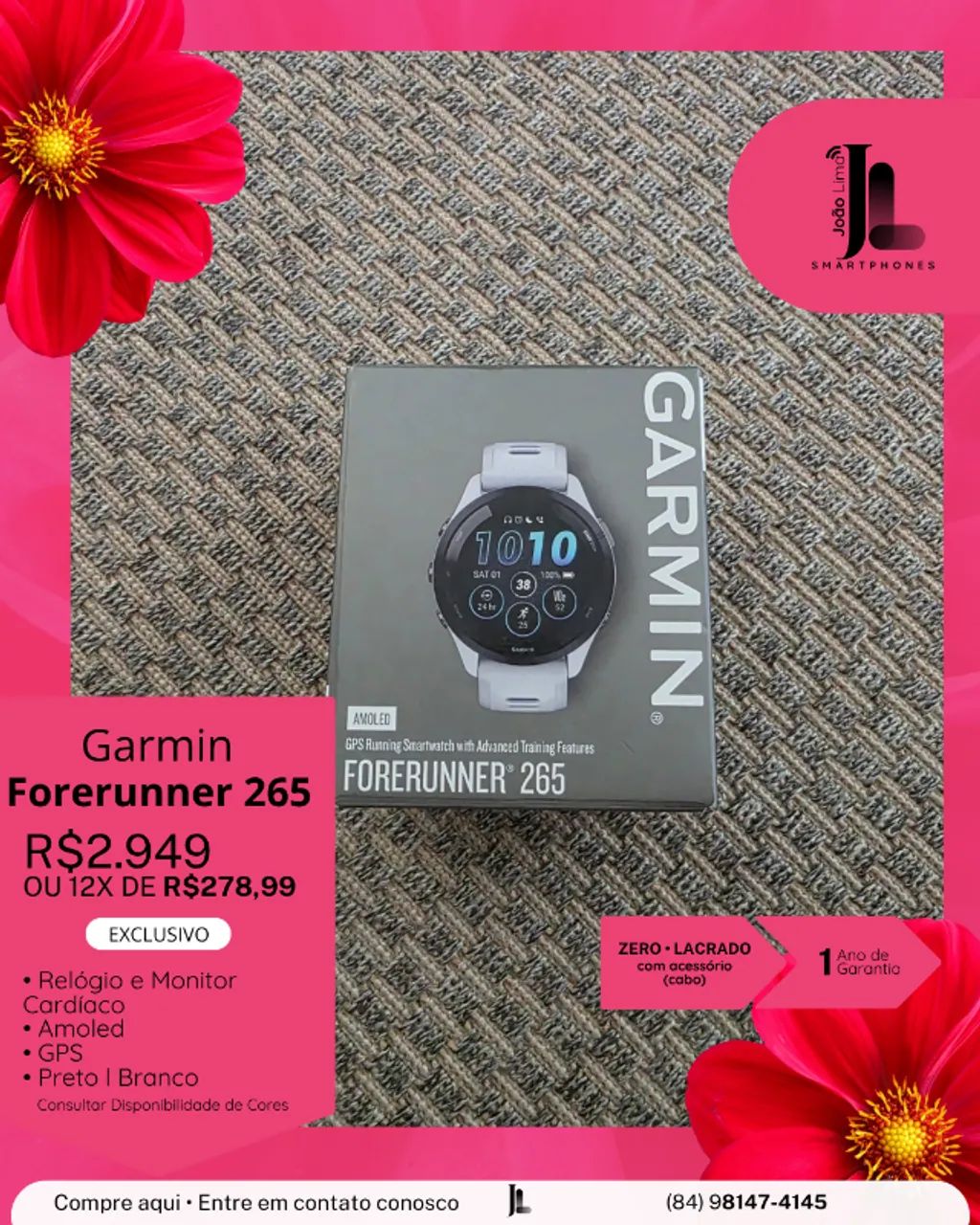 GARMIN FORERUNNER 265, PRETO OU BRANCO, LACRADO, EXCLUSIVO